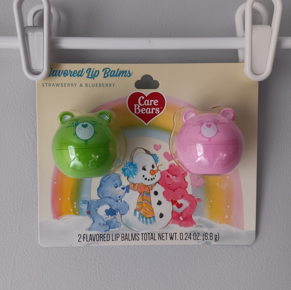 NEW Care Bears Flavored Lip Balm Two Pack Strawberry Blueberry Bear Shaped